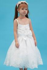 Cute Spaghetti Straps Bow Appliques White Organza Flower Girl Dress