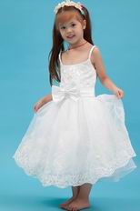 Cute Spaghetti Straps Bow Appliques White Organza Flower Girl Dress