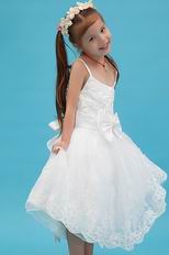 Cute Spaghetti Straps Bow Appliques White Organza Flower Girl Dress