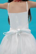 Cute Spaghetti Straps Bow Appliques White Organza Flower Girl Dress