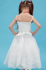 Cute Spaghetti Straps Bow Appliques White Organza Flower Girl Dress