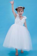 Hot Sell V-Neck Flowers Embellish Bridal Party Flower Girl Dress