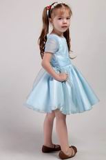 Blue A-line Scoop Knee-length Organza Bowknot Little Girl Dress