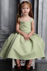 Olive Green A-line Straps Tea-length Satin Belt and Bowknot Little Girl Dress