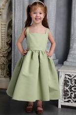 Olive Green A-line Straps Tea-length Satin Belt and Bowknot Little Girl Dress