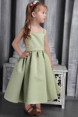 Olive Green A-line Straps Tea-length Satin Belt and Bowknot Little Girl Dress