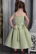 Olive Green A-line Straps Tea-length Satin Belt and Bowknot Little Girl Dress