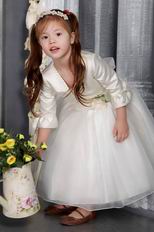 White A-line Scoop Tea-length Organza Sash Flower Girl Dress