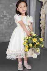 Off White A-line Scoop Tea-length Taffeta Beading Flower Girl Dress