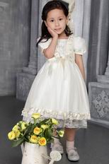 Off White A-line Scoop Tea-length Taffeta Beading Flower Girl Dress