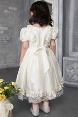 Off White A-line Scoop Tea-length Taffeta Beading Flower Girl Dress