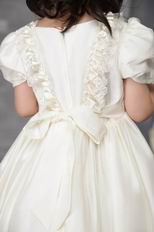 Off White A-line Scoop Tea-length Taffeta Beading Flower Girl Dress