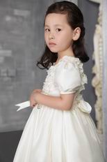 Off White A-line Scoop Tea-length Taffeta Beading Flower Girl Dress