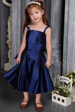 Navy Blue A-line Straps Tea-length Satin Bow Flower Girl Dress