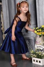 Navy Blue A-line Straps Tea-length Satin Bow Flower Girl Dress