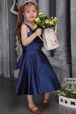 Navy Blue A-line Straps Tea-length Satin Bow Flower Girl Dress