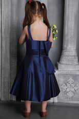 Navy Blue A-line Straps Tea-length Satin Bow Flower Girl Dress