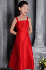 Red A-line Wide Straps Tea-length Satin Ruch Flower Girl Dress