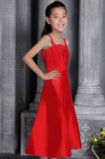 Red A-line Wide Straps Tea-length Satin Ruch Flower Girl Dress