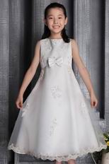 White Princess Scoop Tea-length Organza Beaded Flower Girl Dress