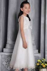 White Princess Scoop Tea-length Organza Beaded Flower Girl Dress