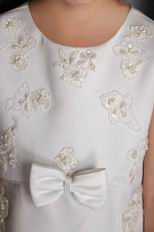 White Princess Scoop Tea-length Organza Beaded Flower Girl Dress