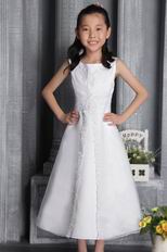 White Sheath Scoop Tea-length Organza Beading Flower Girl Dress