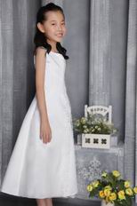 White Sheath Scoop Tea-length Organza Beading Flower Girl Dress