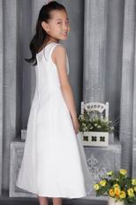 White Sheath Scoop Tea-length Organza Beading Flower Girl Dress