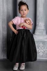 Pink and Black Column Scoop Tea-length Taffeta Ruffes Flower Girl Dress