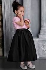 Pink and Black Column Scoop Tea-length Taffeta Ruffes Flower Girl Dress