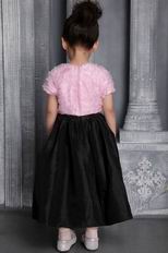 Pink and Black Column Scoop Tea-length Taffeta Ruffes Flower Girl Dress