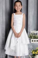 Square Neckline Tea-length Taffeta Appliques Flower Girl Dress