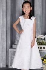 White A-line Square floor-length Satin Embriodery Flower Girl Dress