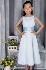 Light Blue Satin A-line Scoop Tea-length Flower Girl Dress With Belt