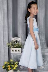 Light Blue Satin A-line Scoop Tea-length Flower Girl Dress With Belt