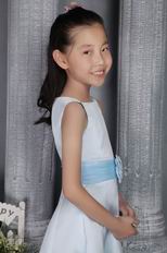 Light Blue Satin A-line Scoop Tea-length Flower Girl Dress With Belt