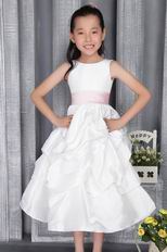 White A-line Scoop Ankle-length Taffeta Belt Flower Girl Dress