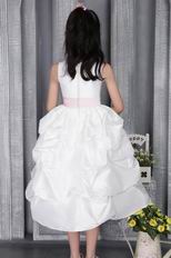 White A-line Scoop Ankle-length Taffeta Belt Flower Girl Dress