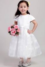 White Scoop Tea-length Lace Hand Made Flower Flower Girl Dress