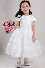 White Scoop Tea-length Lace Hand Made Flower Flower Girl Dress