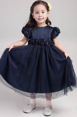 Navy Blue Princess Scoop Tea-length Taffeta Flower Girl Dress With Flower