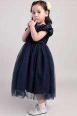 Navy Blue Princess Scoop Tea-length Taffeta Flower Girl Dress With Flower