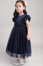 Navy Blue Princess Scoop Tea-length Taffeta Flower Girl Dress With Flower
