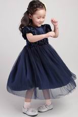 Navy Blue Princess Scoop Tea-length Taffeta Flower Girl Dress With Flower