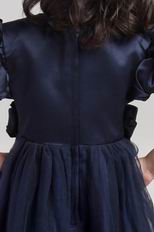 Navy Blue Princess Scoop Tea-length Taffeta Flower Girl Dress With Flower