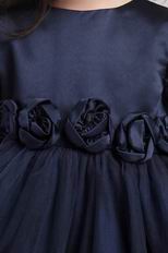 Navy Blue Princess Scoop Tea-length Taffeta Flower Girl Dress With Flower