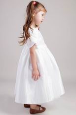 White Princess Scoop Tea-length Taffeta Wedding Little Girl Dress