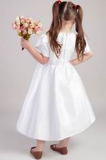 White Princess Scoop Tea-length Taffeta Wedding Little Girl Dress