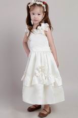 White A-line Straps Ankle-length Taffeta Bowknot Flower Girl Dress